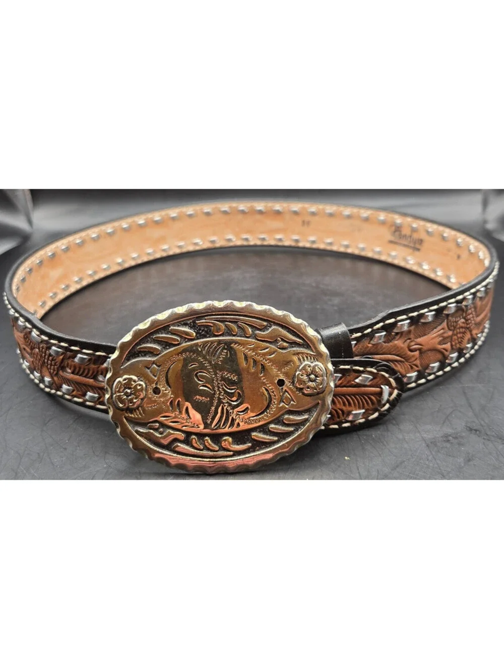 TANDY Western Leather Belt Mens 36 Brown Hand Tooled Floral Silver Studded 1.5in